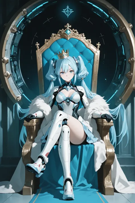 A princess with icy blue twin tailed hair, wearing crown, sits on the throne with crossing legs, she is wearing a mechanical suit and the throne is a mechanical living throne, the picture is presented the whole room