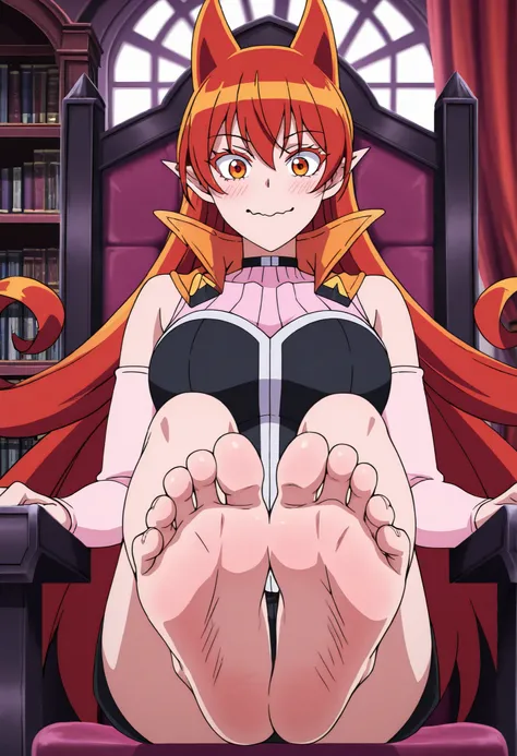 anime screencap , masterpiece , best quality ,  1girl , solo , closed mouth , smile , wavy mouth , wide-eyed , blush , excited , happy , hair horns , curly hair , very long hair , hair between eyes , red hair , orange eyes , pointy ears , colored eyelashes...