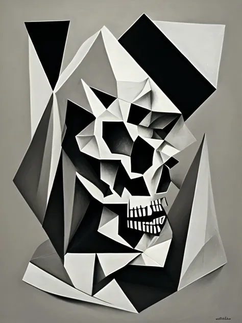Skull portrait, picasso style, cubism, drawing style, Cube, triangle, artistic composition, white, gray, black