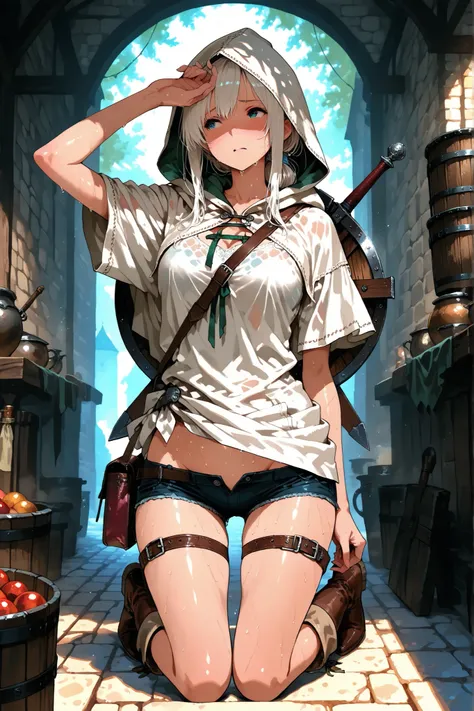 8k, fantasy world, female character, 1girl, high detailed white Short sleeves clothes, light clothes, lowleg, open shorts, thigh belt, boots, slender body, medium chests, thighgap, pigeon toed, white short cloak with hoodie, long hairstyle, thin hair, many...