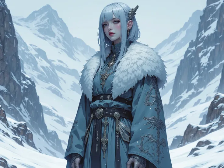 (masterpiece, best quality, ultra-detailed, professional illustration), a full body shot of an elegant female Ascetics with a solemn and sacred temperament, standing in a vast, snowy mountain landscape during a heavy snowfall. She has exquisite facial feat...