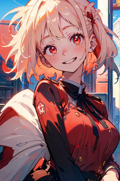 超high definition、high definition、(masterpiece:1.4)、super definition、one woman、at 19:45、platinum blonde、 left side up、medium hair、Red Eyes、grinning、red licorice uniform 、airport、blue sky background
