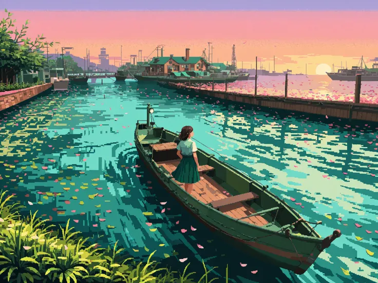 very wide shot, Amsterdam canals with houseboats, greenery, petals, (overlooking:1.3), pixel art, twilight