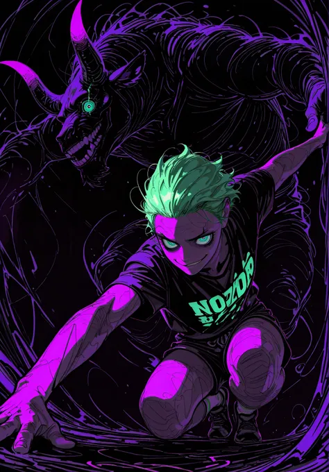   
 tfaix
bags under eyes, big eyes,  (black eyeshadow:0.8),  thick eyelashes, 
bichrome, shadowscale, 
man, manly, bad boy,  green hair, pircing on eyebrow, top, shorts, socks, dynamic pose, eyes on background, ringed eyes, upper body, bull shadow, from ...