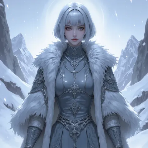 (masterpiece, best quality, ultra-detailed, professional illustration), a full body shot of an elegant female Ascetics with a solemn and sacred temperament, standing in a vast, snowy mountain landscape during a heavy snowfall. She has exquisite facial feat...