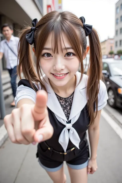 ((2.0)) ,((Take a picture by looking up at an angle from below)), in the city,(Knees on one side),((Super up of face and fingers))age 16, 1 woman,((pointing at the viewer)), short sleeve with black and white ruffles, shorts,long twin tails, Colorful Hair C...