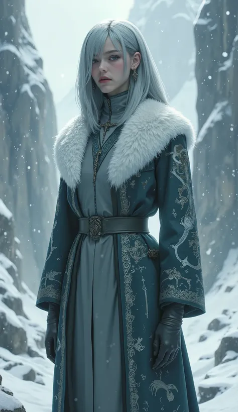 (masterpiece, best quality, ultra-detailed, professional illustration), a full body shot of an elegant female Ascetics with a solemn and sacred temperament, standing in a vast, snowy mountain landscape during a heavy snowfall. She has exquisite facial feat...