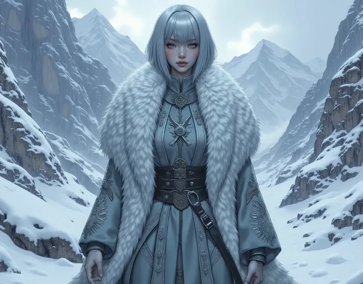 (masterpiece, best quality, ultra-detailed, professional illustration), a full body shot of an elegant female Ascetics with a solemn and sacred temperament, standing in a vast, snowy mountain landscape during a heavy snowfall. She has exquisite facial feat...