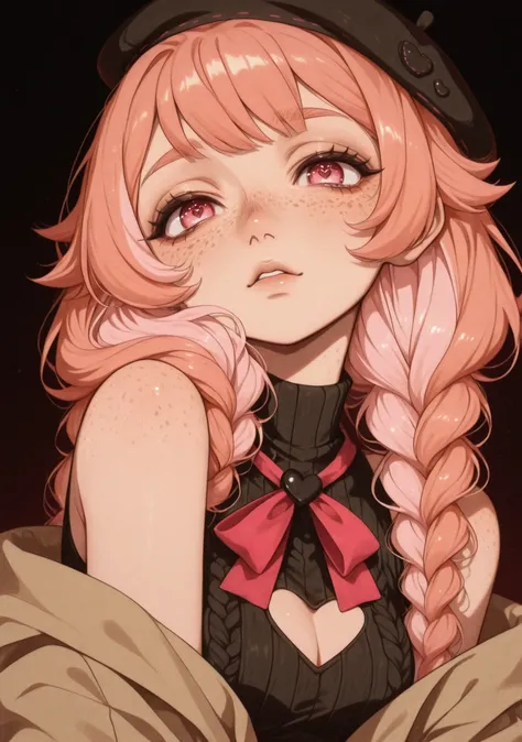 1girl, solo,

pillowdear1st, clothing cutout, beret, jacket,
salmon-pink hair, pink eyes,
freckles,
beautiful eyes, detailed face,
looking at viewer,
dynamic composition, yandere expression, dynamic pose,

anime style, anime, pastel,
xxx667_illu, artist:mo...