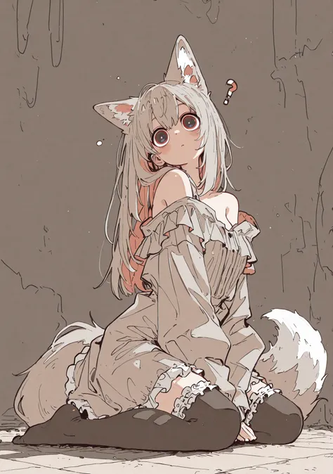 masterpiece, newest,absurdres,incredibly absurdres, best quality, amazing quality, very aesthetic, partially colored, muted color,
1girl, seiza, on floor, curious, head tilt, big eyes, fox ears, off shoulder dress, frilly thighhighs, fox tail,
 harust     