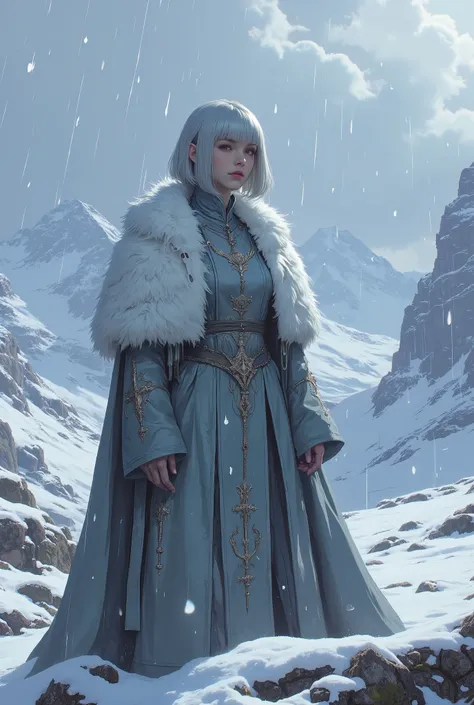 (masterpiece, best quality, ultra-detailed, professional illustration), a full body shot of an elegant female Ascetics with a solemn and sacred temperament, standing in a vast, snowy mountain landscape during a heavy snowfall. She has exquisite facial feat...