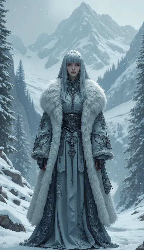 (masterpiece, best quality, ultra-detailed, professional illustration), a full body shot of an elegant female Ascetics with a solemn and sacred temperament, standing in a vast, snowy mountain landscape during a heavy snowfall. She has exquisite facial feat...