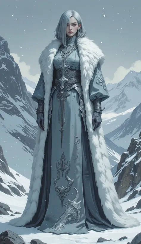 (masterpiece, best quality, ultra-detailed, professional illustration), a full body shot of an elegant female Ascetics with a solemn and sacred temperament, standing in a vast, snowy mountain landscape during a heavy snowfall. She has exquisite facial feat...