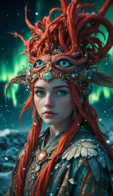 Portrait with raised shoulders at 9:16, executed in clear cinematic realism, with smooth movements and snowflakes hovering. An adult northern woman with alabaster skin and pale gray-blue eyes looks past the camera, her breath is noticeable in the cold air....