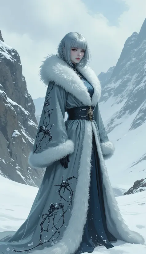 (masterpiece, best quality, ultra-detailed, professional illustration), a full body shot of an elegant female Ascetics with a solemn and sacred temperament, standing in a vast, snowy mountain landscape during a heavy snowfall. She has exquisite facial feat...