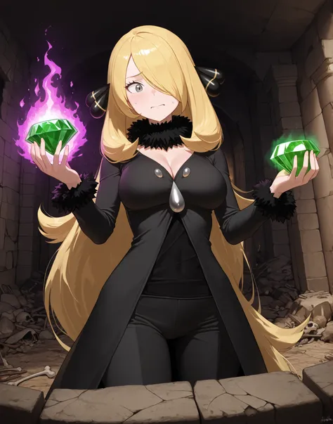 (masterpiece) ,best quality,amazing quality,very aesthetic,absurdres,newest, cynthia, 1girl, inside ancient ruins, 1girl, cynthia_\(pokemon\), hair_over_one_eye, large_breasts, absurdres, fur_collar, blonde hair, gray eyes, curious expression, abandoned an...