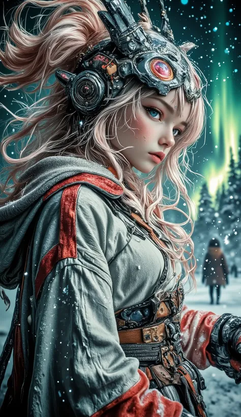 Portrait with raised shoulders at 9:16, executed in clear cinematic realism, with smooth movements and snowflakes hovering. An adult northern woman with alabaster skin and pale gray-blue eyes looks past the camera, her breath is noticeable in the cold air....
