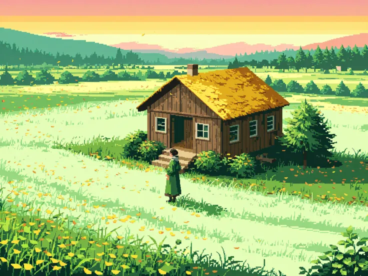 very wide shot, rustic farmhouse, greenery, petals, (overlooking:1.3), pixel art, twilight