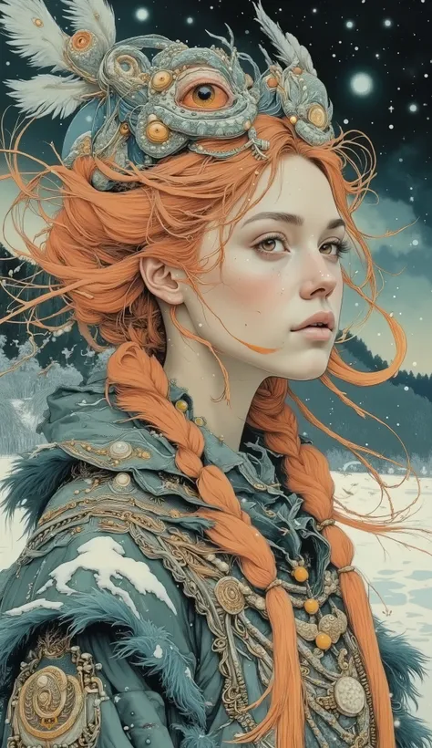 Portrait with raised shoulders at 9:16, executed in clear cinematic realism, with smooth movements and snowflakes hovering. An adult northern woman with alabaster skin and pale gray-blue eyes looks past the camera, her breath is noticeable in the cold air....
