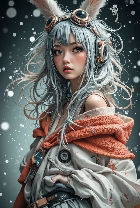 A portrait with raised shoulders, executed in a clear cinematic realism, with smooth movements and hovering snowflakes. An adult northern woman with alabaster skin and pale gray-blue eyes looks past the camera, her breath is noticeable in the cold air. Her...
