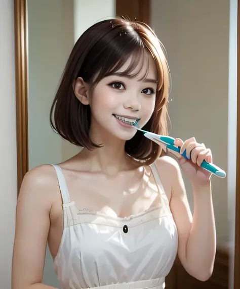 top quality、、   Ultra High Accuracy 、Clear Photo、 professional brushstrokes、(  cute 、Yuki Yoda、idol class )  、  Small Faces 、  VERY SHORT HAIR、  thin waist、  (I can see cleavage、big erect nipples )、( I'm wearing a white camisole:1.4  、  wearing white panti...