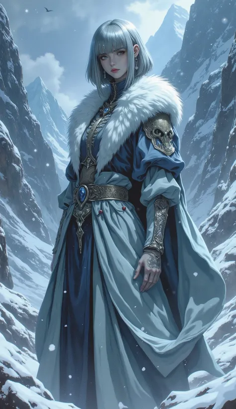 (masterpiece, best quality, ultra-detailed, professional illustration), a full body shot of an elegant female Ascetics with a solemn and sacred temperament, standing in a vast, snowy mountain landscape during a heavy snowfall. She has exquisite facial feat...