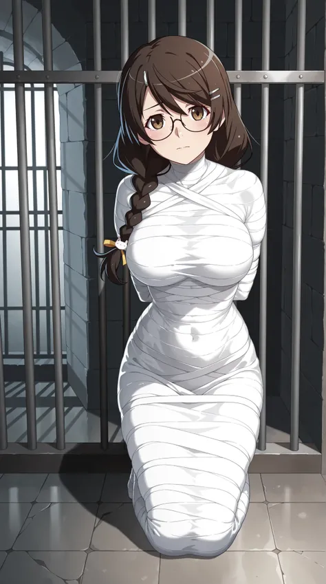 ,monogatari series,tsubasa hanekawa, long hair, large breasts, brown hair, hair ornament, brown eyes, braid, glasses, hairclip,

,white bandage,All White tape,Mummification Bondage of White,White mummy,White mummification,White mummified,feet together, bon...
