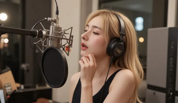 A beautiful Korean woman with a blonde ponytail singing passionately into a microphone in a professional recording studio. She is wearing modern stylish clothing, with soft lighting highlighting her features, and studio equipment like sound panels, a pop f...