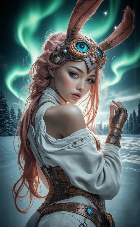 A portrait with raised shoulders, executed in a clear cinematic realism, with smooth movements and hovering snowflakes. An adult northern woman with alabaster skin and pale gray-blue eyes looks past the camera, her breath is noticeable in the cold air. Her...