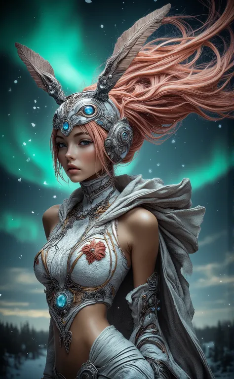 A portrait with raised shoulders, executed in a clear cinematic realism, with smooth movements and hovering snowflakes. An adult northern woman with alabaster skin and pale gray-blue eyes looks past the camera, her breath is noticeable in the cold air. Her...