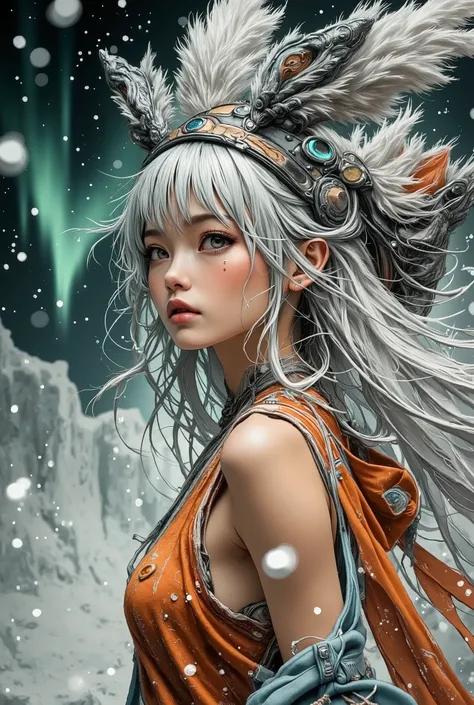 A portrait with raised shoulders, executed in a clear cinematic realism, with smooth movements and hovering snowflakes. An adult northern woman with alabaster skin and pale gray-blue eyes looks past the camera, her breath is noticeable in the cold air. Her...