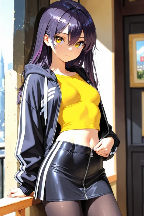 1girl, Nyann, long hair, yellow eyes, dark purple hair, hair between eyes,tight cropped skirt,black tights,yellow shirt, midriff tops, navel ,black opened zip up hoodie with a white stripe,depth of field, fake traditional media, Picturesque, Impressionism,...