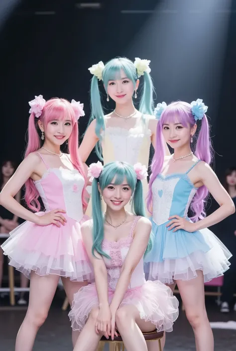 A breathtaking portrait of a Japanese girl idol group, captured in a mesmerizing PV scene. Each member has a slender physique, adorned in vibrant pastel-colored long hair styled into twin-tails with two round buns, reflecting their individual theme colors....