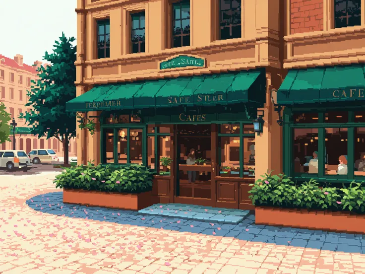 very wide shot, Parisian street with cafes, passengers, greenery, petals, (overlooking:1.3), pixel art, twilight