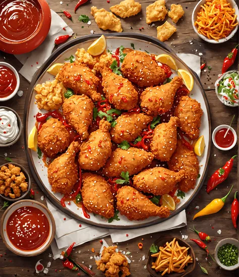  Generate an artistic illustration of a spicy fried chicken dish , with crispy and juicy chicken pieces ,  decorated with drops of hot sauce and traditional garnishes .  Use warm colors and realistic textures to highlight the tempting aspect of the dish,  ...