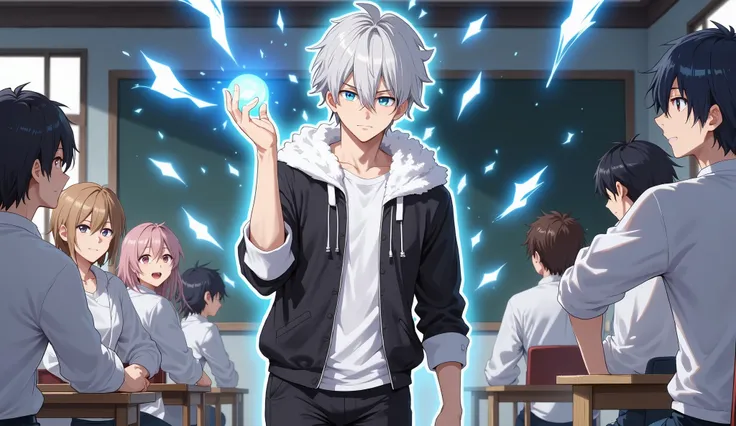 Anime-style male character with white hair and glowing blue eyes, wearing a black school uniform jacket with a white fur collar and a white t-shirt underneath. He is standing in a modern Japanese classroom, holding a glowing blue energy orb in one hand. A ...