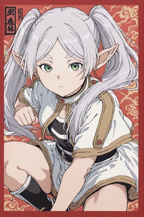 fighting stance、 Japanese style 、Traditional Japanese art、Freelen、Frieren、long hair、twin tails、green eyes、灰色の髪、Pointed Ears、Elf、solo