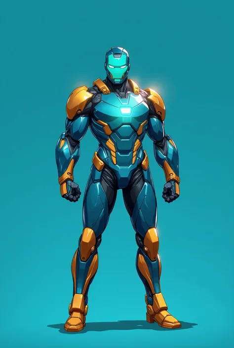 A 2D character reference sheet, a futuristic superhero wearing a fully all turquoise blue titanium and gold armor with square energy core on chest. The character has a large, a big shiny turquoise blue titanium round helmet with glowing green digital face ...