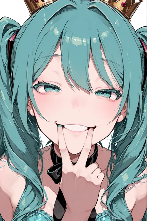twin tails、Hatsune Miku、KING、Queen、bad smile、Pull your mouth with your finger 