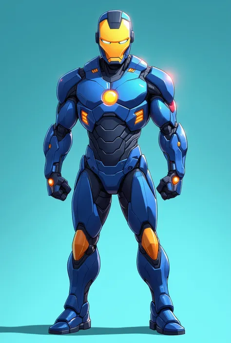 A 2D cartoon style character reference sheet, a futuristic superhero wearing a fully all sky blue titanium and gold armor with circular energy core on chest. The character has a large, a big shiny sky blue titanium round helmet with glowing yellow digital ...