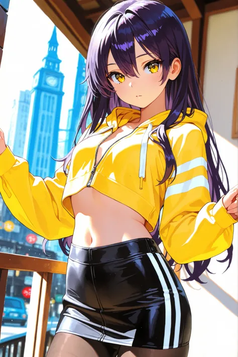 1girl, Nyann, long hair, yellow eyes, dark purple hair, hair between eyes,tight cropped skirt,black tights,yellow shirt, midriff tops, navel ,black opened zip up hoodie with a white stripe,depth of field, fake traditional media, Picturesque, Impressionism,...