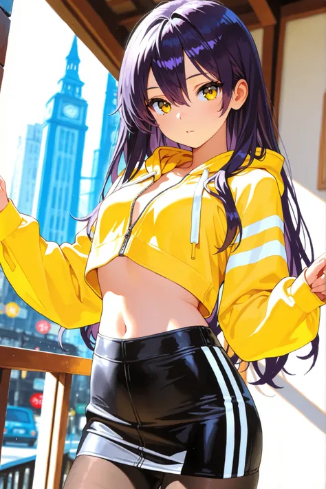 1girl, Nyann, long hair, yellow eyes, dark purple hair, hair between eyes,tight cropped skirt,black tights,yellow shirt, midriff tops, navel ,black opened zip up hoodie with a white stripe,depth of field, fake traditional media, Picturesque, Impressionism,...