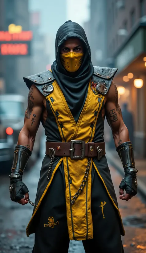 Hyper-realistic portrait of Scorpion from Mortal Kombat, isolated on transparent or solid neutral background. He wears a battle-worn yellow ninja outfit with textured leather and metal armor segments. His mask is golden and cracked, revealing part of a sco...