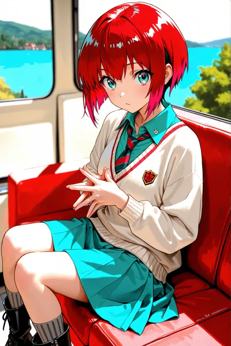 1girl, amate yuzuriha,short hair,red hair,multicolored hair,aqua eyes,multicolored eyes,aqua shirt,striped necktie,white sweater,aqua skirt,grey socks,black boots, depth of field, fake traditional media, Picturesque, Impressionism, masterpiece, high score,...