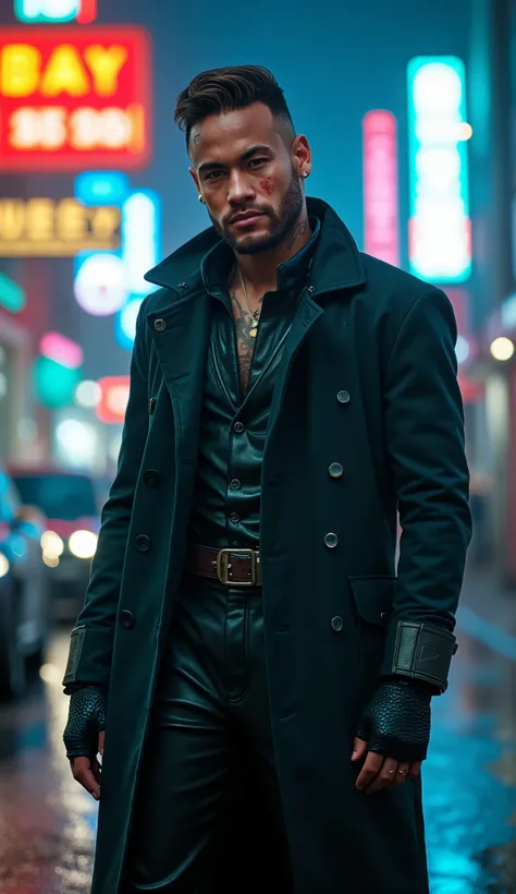 Cinematic ultra-realistic portrait of Neymar reimagined as a Mortal Kombat warrior, wearing a retro-futuristic 1960s-inspired combat outfit with bold textures and dark leather. He stands in the middle of a misty neon-lit street, vintage cars and old theate...