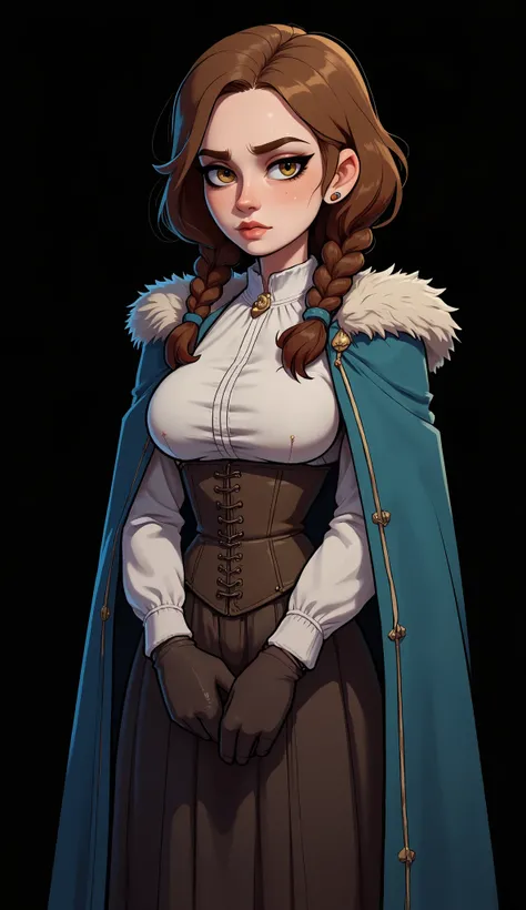 best quality, extremely detailed, masterpiece, (detailed hands), sorceress young cute girl, bob with two braids, light brown cream hair color, (very sad face expression small thin nose, thin brows, fox eyes, small mouth, big lips, thin face), (((white blou...