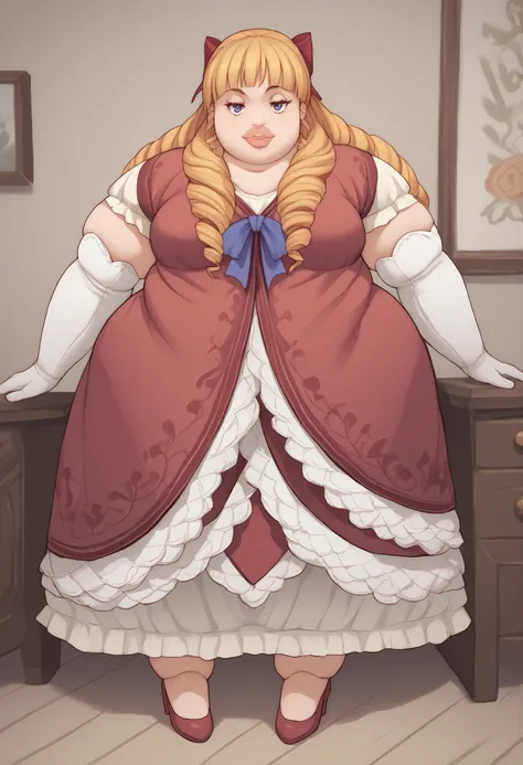 score_9, score_8_up, score_7_up, score_6_up, score_5_up, score_4_up, BREAK source_anime,
1girl, solo,  full body shot,  looking at viewer, smile, bedroom,
  , 
  Margarita Dresden, long hair, drill hair, hair ribbon, medium breasts, fat, chubby, obese, thi...