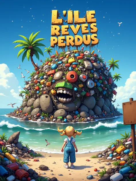Illustration poster featuring the title: “L'ILE des REVES PERDUS” made in recycled waste and damaged letters in a grunge bold font, this title on top of polluted island hill made of colored trash, with only one palm tree. This island is a friendly creature...