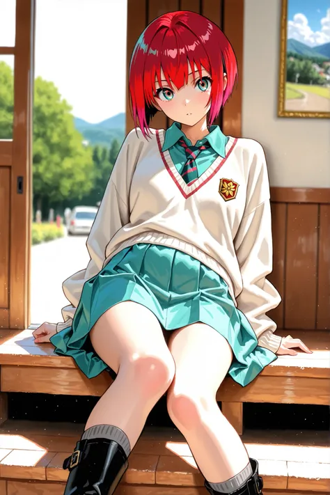 1girl, amate yuzuriha,short hair,red hair,multicolored hair,aqua eyes,multicolored eyes,aqua shirt,striped necktie,white sweater,aqua skirt,grey socks,black boots, depth of field, fake traditional media, Picturesque, Impressionism, masterpiece, high score,...