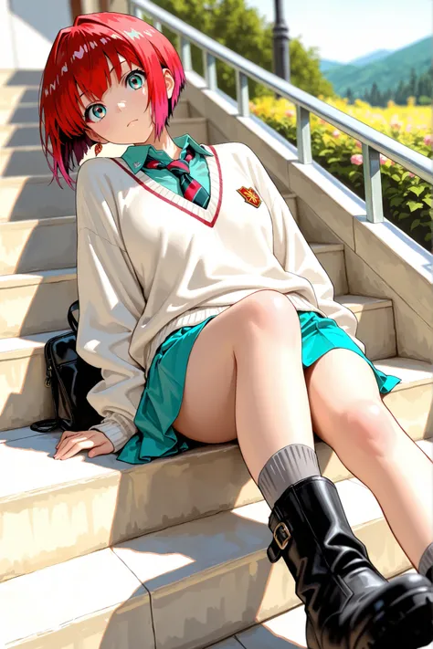 1girl, amate yuzuriha,short hair,red hair,multicolored hair,aqua eyes,multicolored eyes,aqua shirt,striped necktie,white sweater,aqua skirt,grey socks,black boots, depth of field, fake traditional media, Picturesque, Impressionism, masterpiece, high score,...